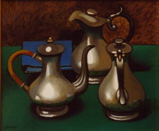 Georges Rohner, "Les trois étains sur table verte", 1991, huile sur toile, 54 x 65 cm.