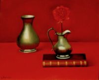 Georges Rohner, "Étains, oeillet et livre", 1984, Huile sur toile, 54 x 65 cm.