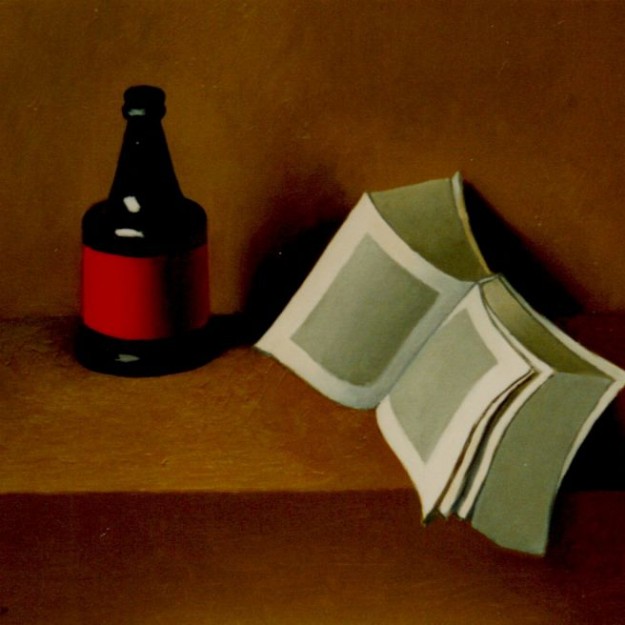 La bouteille rouge et noire,livre gris, 1990, huile sur toile, 60 x 73 cm